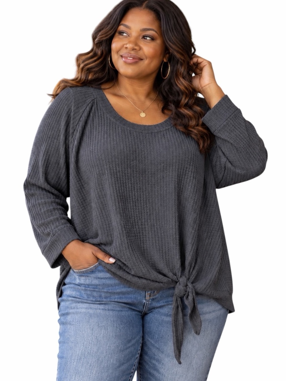 Nine Britton 2X Charcoal Gray Waffle Knit Long Sleeve Tie Front Casual Shirt